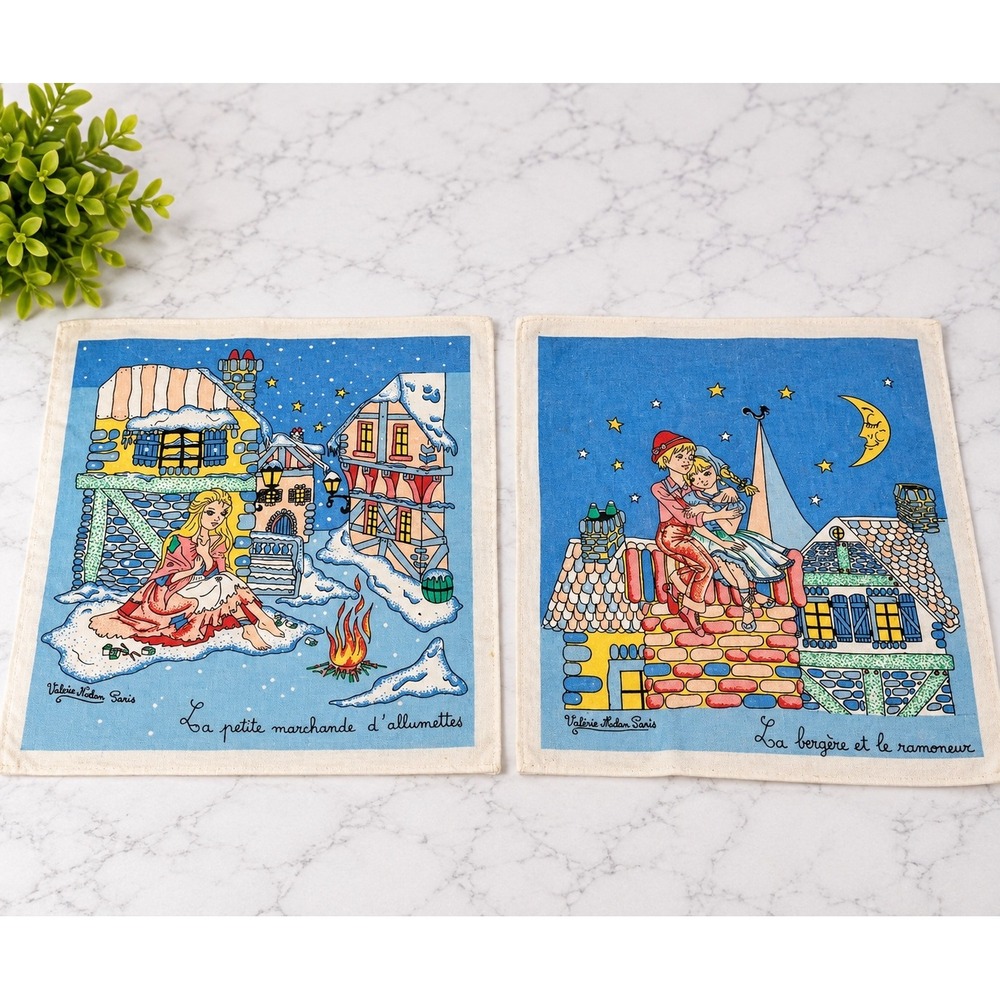 VTG Valerie Aslan Paris Signed Fairy Tale Handkerchiefs Square Cloths 2pc Set